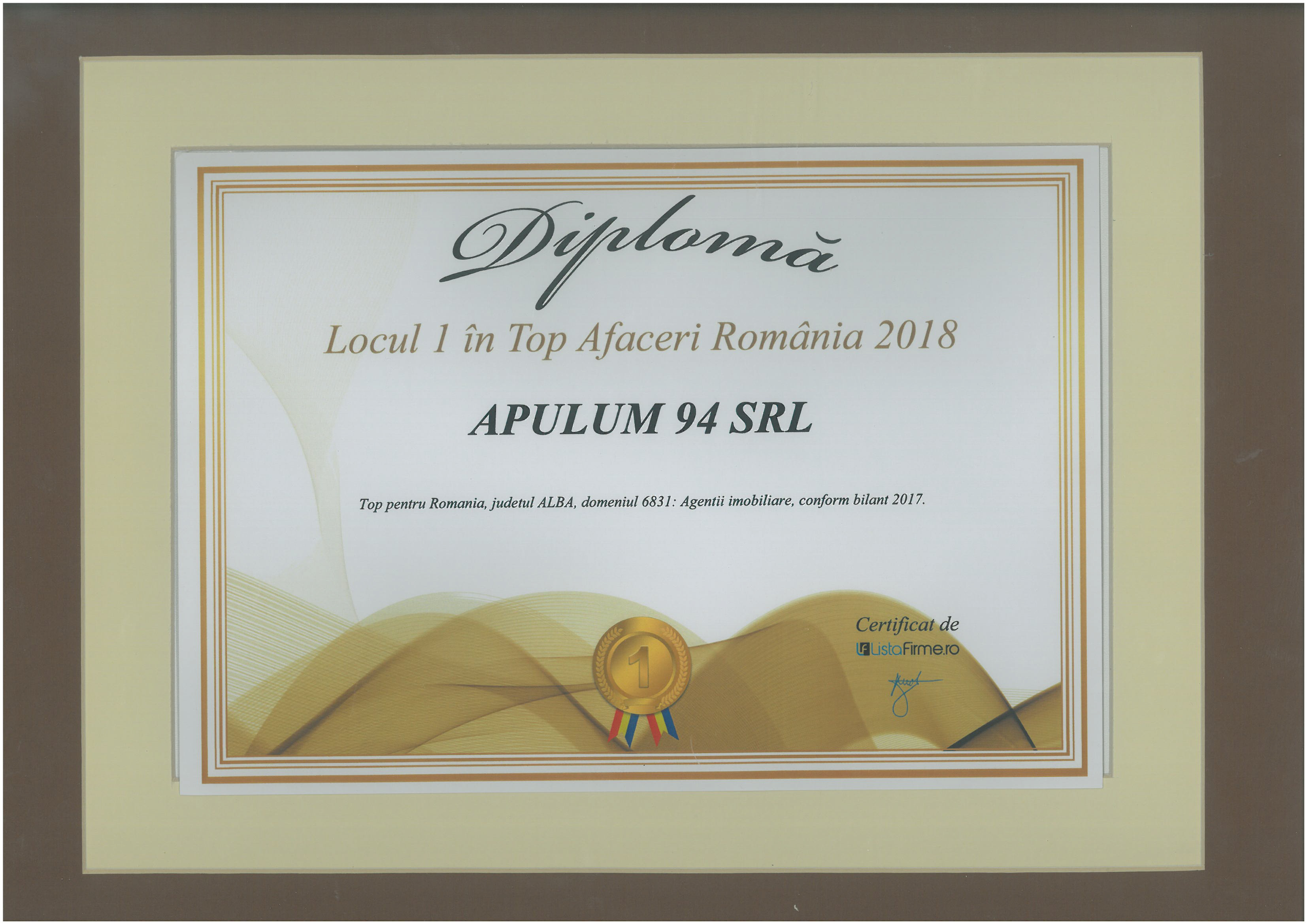 Top Afaceri Romania – 2018 - Locul 1 - jud. Alba